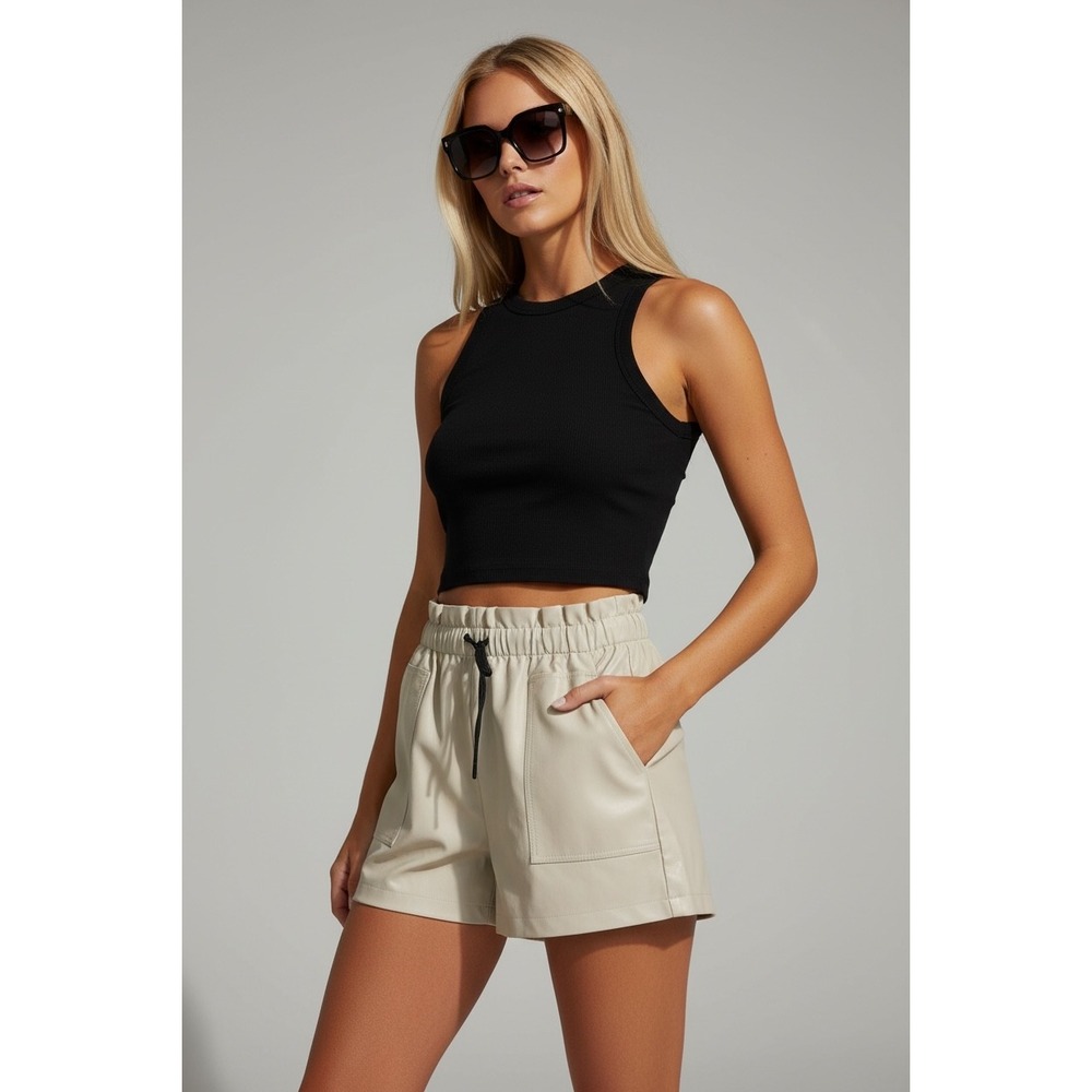 NEW Faux Leather XL Paper‎ Bag Waist 
Beige Shorts Drawstring Pockets Casual
